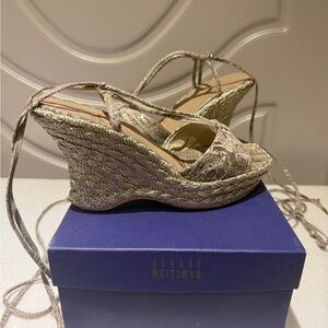 Stuart Weitzman Elegant Sparkling Tan Espadrille Wedges